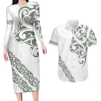All White Maori Tribal Tattoo Personalised Couples Matching Long Sleeve Bodycon Dress and Hawaiian Shirt Moss Green Polynesian Style - Polynesian Pride