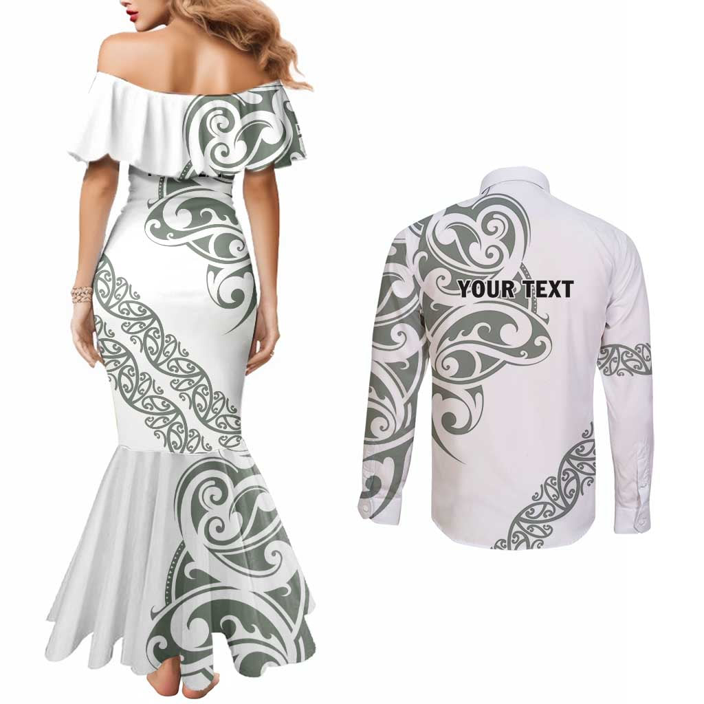 All White Maori Tribal Tattoo Personalised Couples Matching Mermaid Dress and Long Sleeve Button Shirt Moss Green Polynesian Style - Polynesian Pride