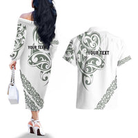 All White Maori Tribal Tattoo Personalised Couples Matching Off The Shoulder Long Sleeve Dress and Hawaiian Shirt Moss Green Polynesian Style - Polynesian Pride