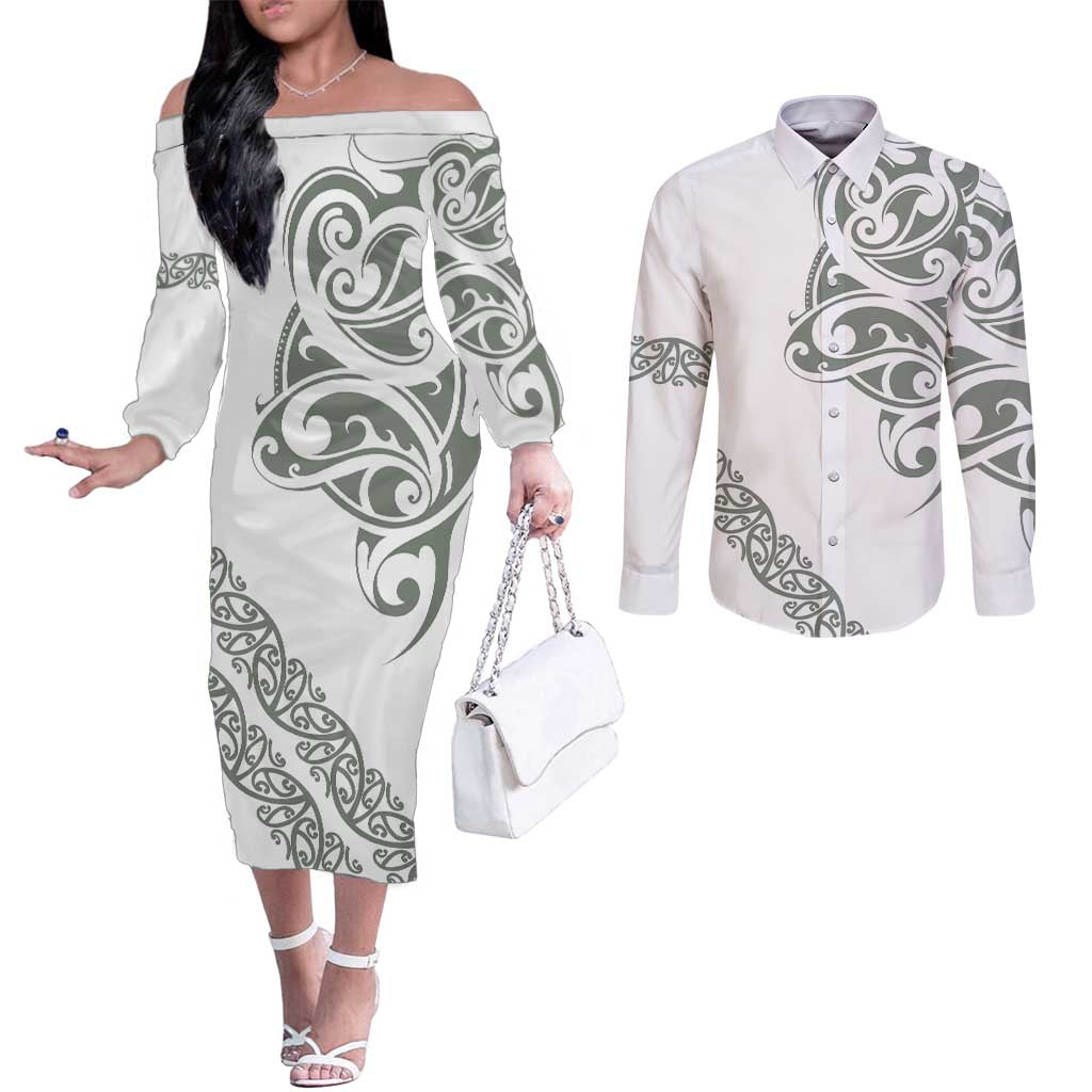 All White Maori Tribal Tattoo Personalised Couples Matching Off The Shoulder Long Sleeve Dress and Long Sleeve Button Shirt Moss Green Polynesian Style - Polynesian Pride