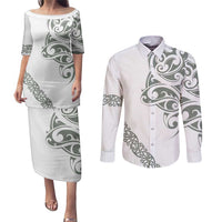 All White Maori Tribal Tattoo Personalised Couples Matching Puletasi and Long Sleeve Button Shirt Moss Green Polynesian Style - Polynesian Pride