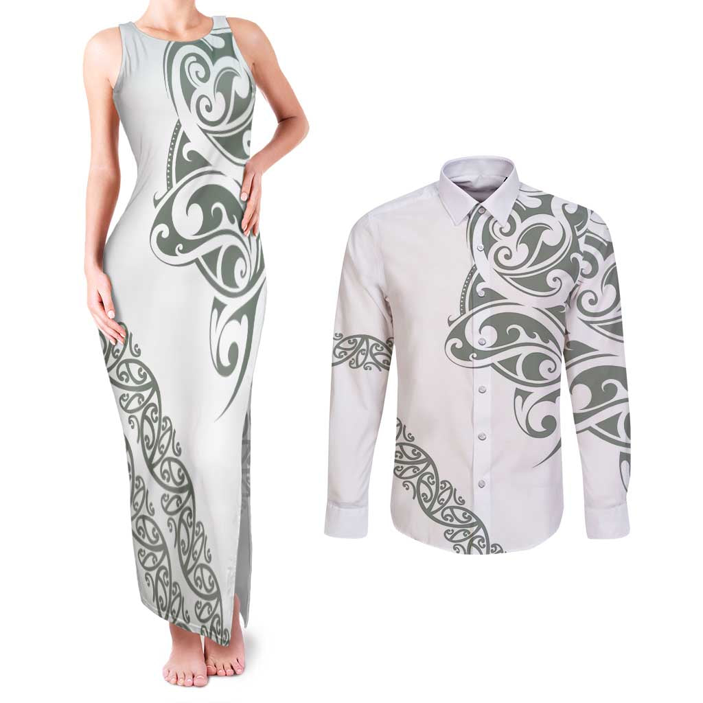 All White Maori Tribal Tattoo Personalised Couples Matching Tank Maxi Dress and Long Sleeve Button Shirt Moss Green Polynesian Style - Polynesian Pride