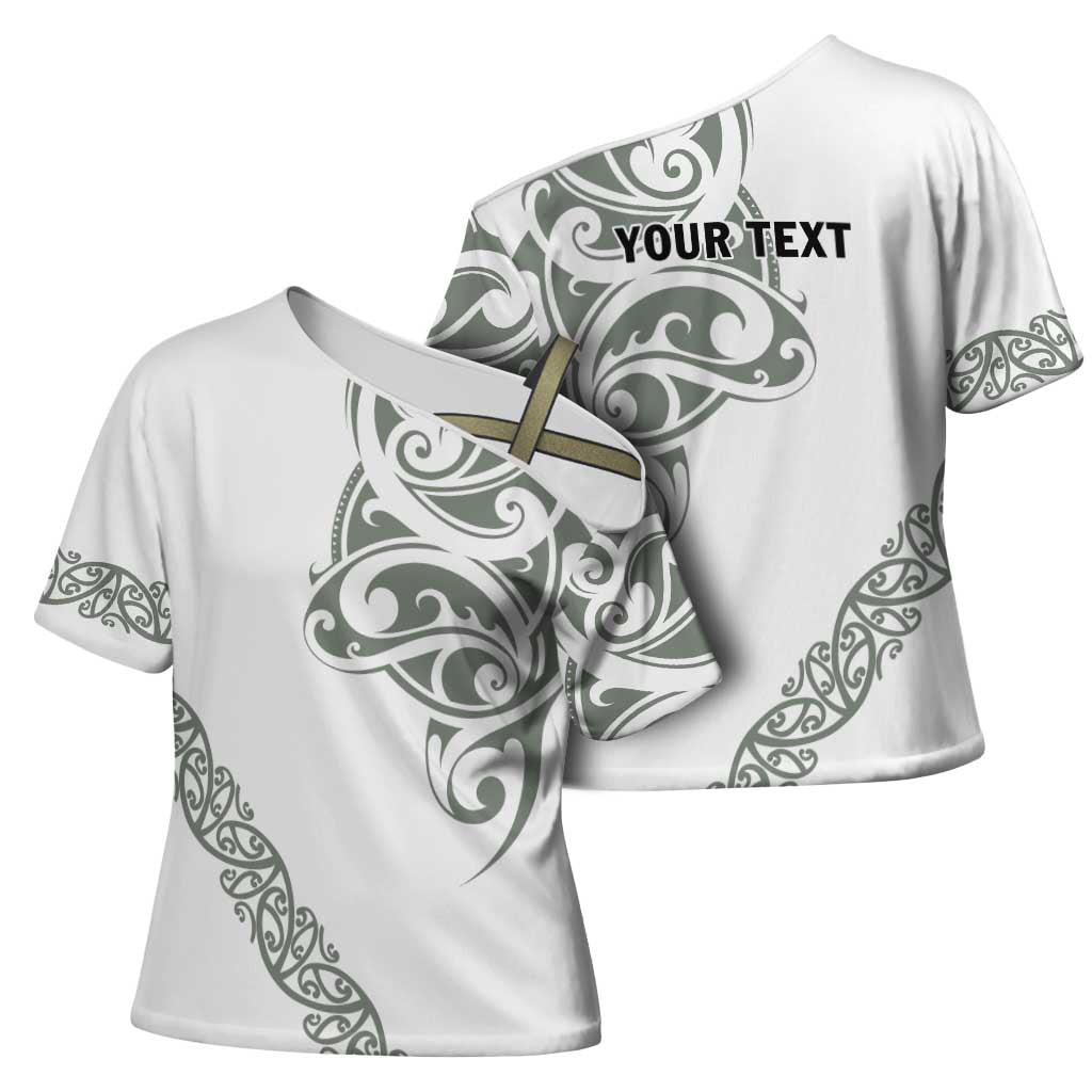 All White Maori Tribal Tattoo Personalised Cross Shoulder Shirt Moss Green Polynesian Style - Polynesian Pride