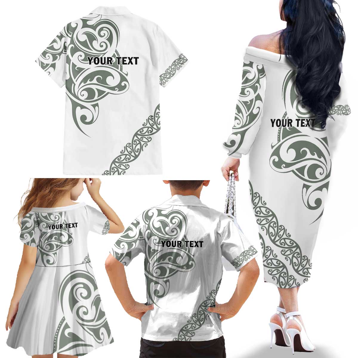 All White Maori Tribal Tattoo Personalised Family Matching Off The Shoulder Long Sleeve Dress and Hawaiian Shirt Moss Green Polynesian Style - Polynesian Pride