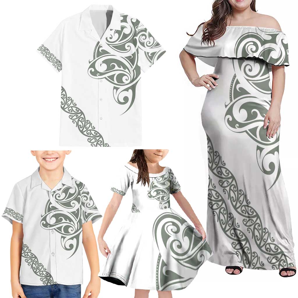 All White Maori Tribal Tattoo Personalised Family Matching Off Shoulder Maxi Dress and Hawaiian Shirt Moss Green Polynesian Style - Polynesian Pride
