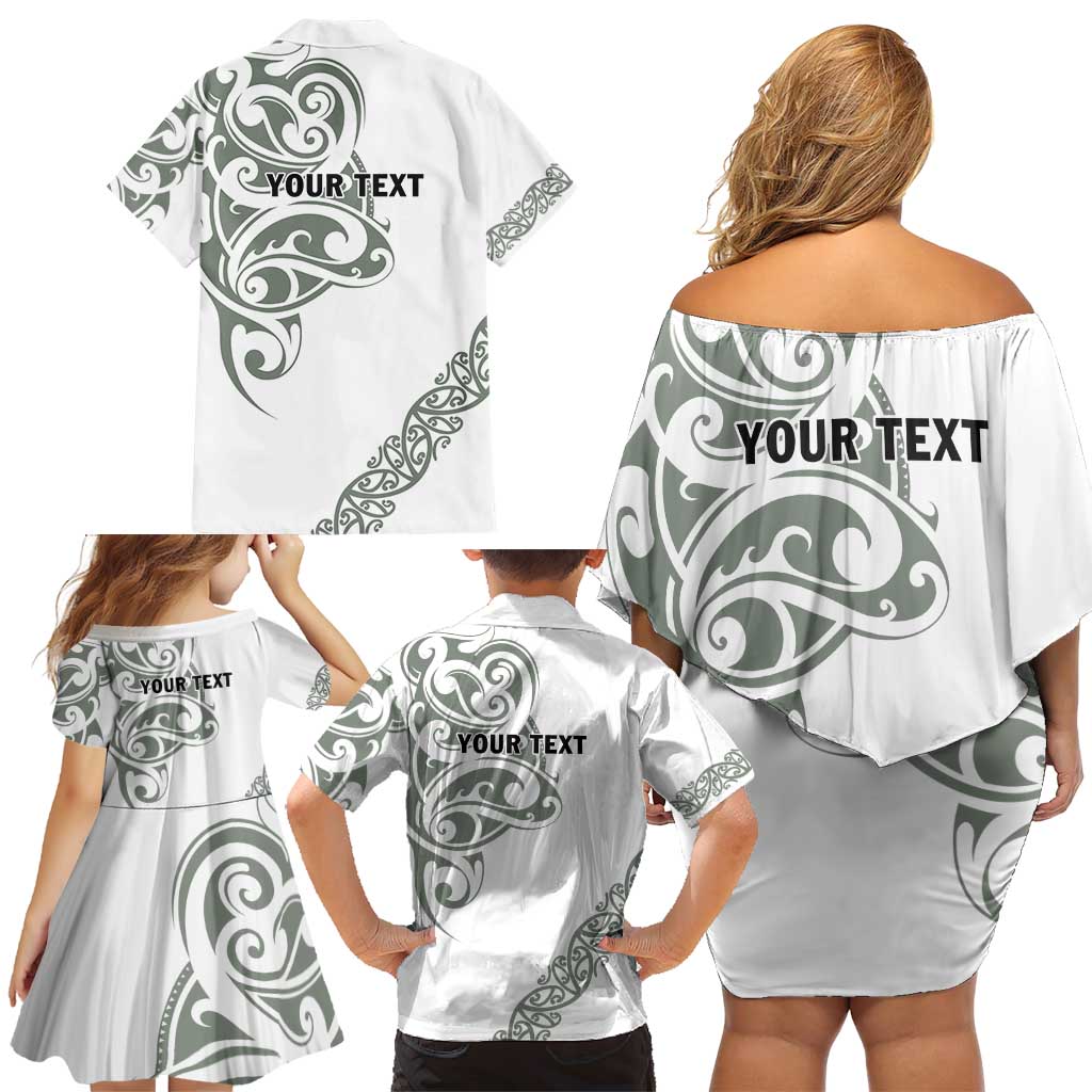 All White Maori Tribal Tattoo Personalised Family Matching Off Shoulder Short Dress and Hawaiian Shirt Moss Green Polynesian Style - Polynesian Pride