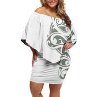 All White Maori Tribal Tattoo Personalised Family Matching Off Shoulder Short Dress and Hawaiian Shirt Moss Green Polynesian Style - Polynesian Pride