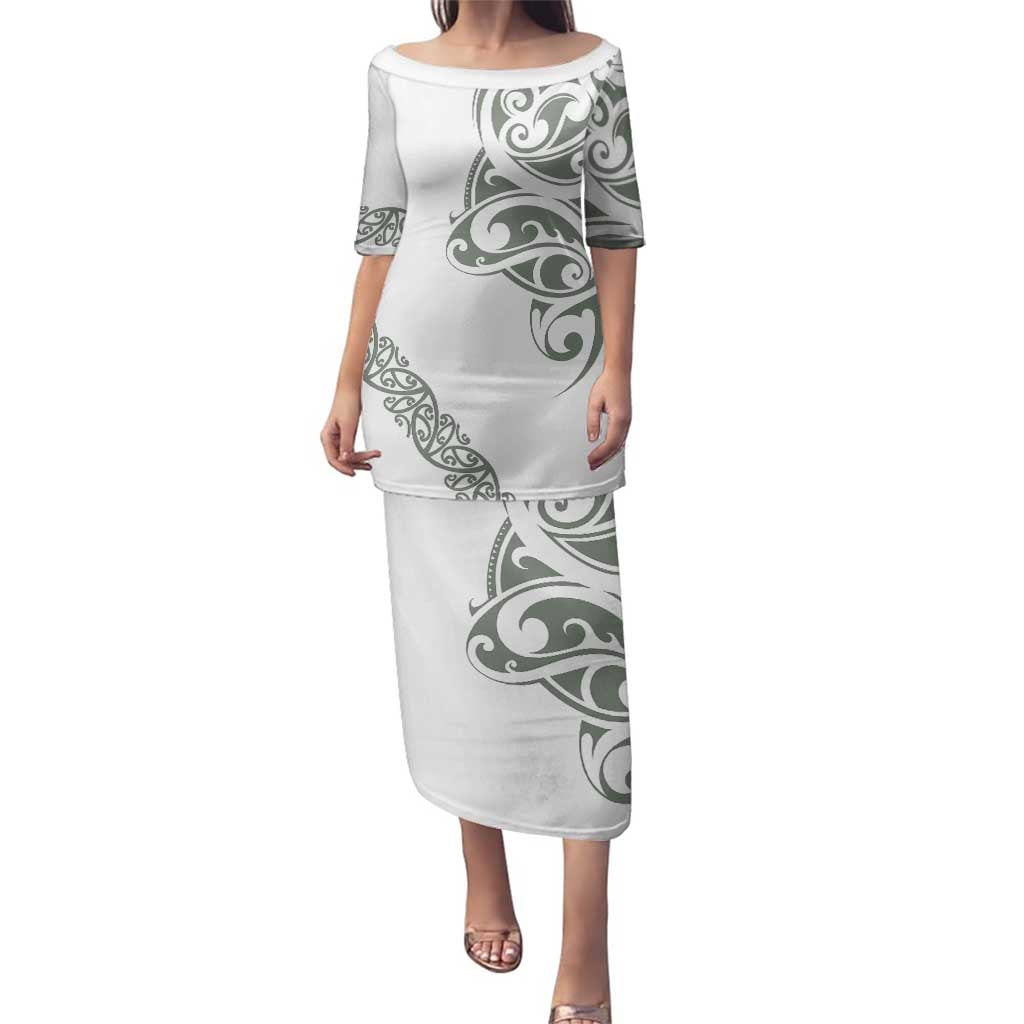 All White Maori Tribal Tattoo Personalised Family Matching Puletasi and Hawaiian Shirt Moss Green Polynesian Style - Polynesian Pride