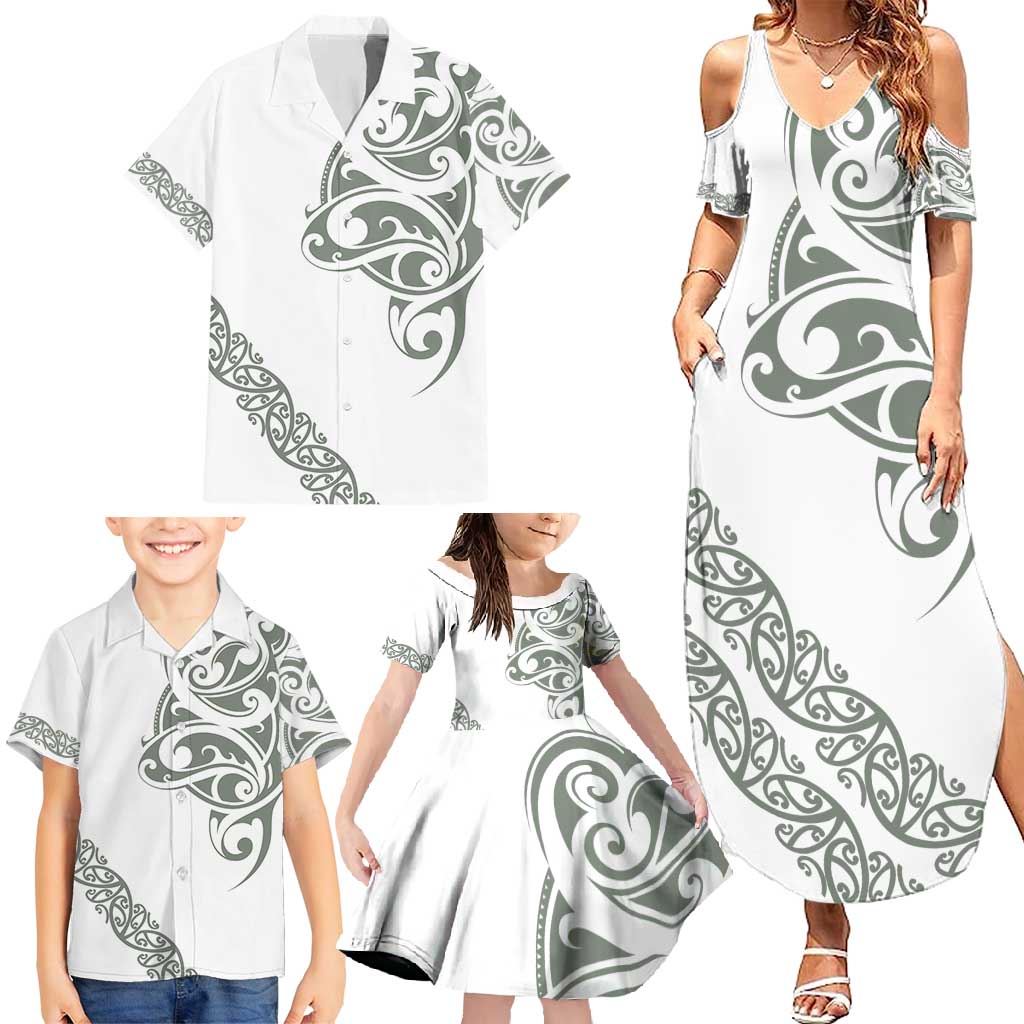 All White Maori Tribal Tattoo Personalised Family Matching Summer Maxi Dress and Hawaiian Shirt Moss Green Polynesian Style - Polynesian Pride