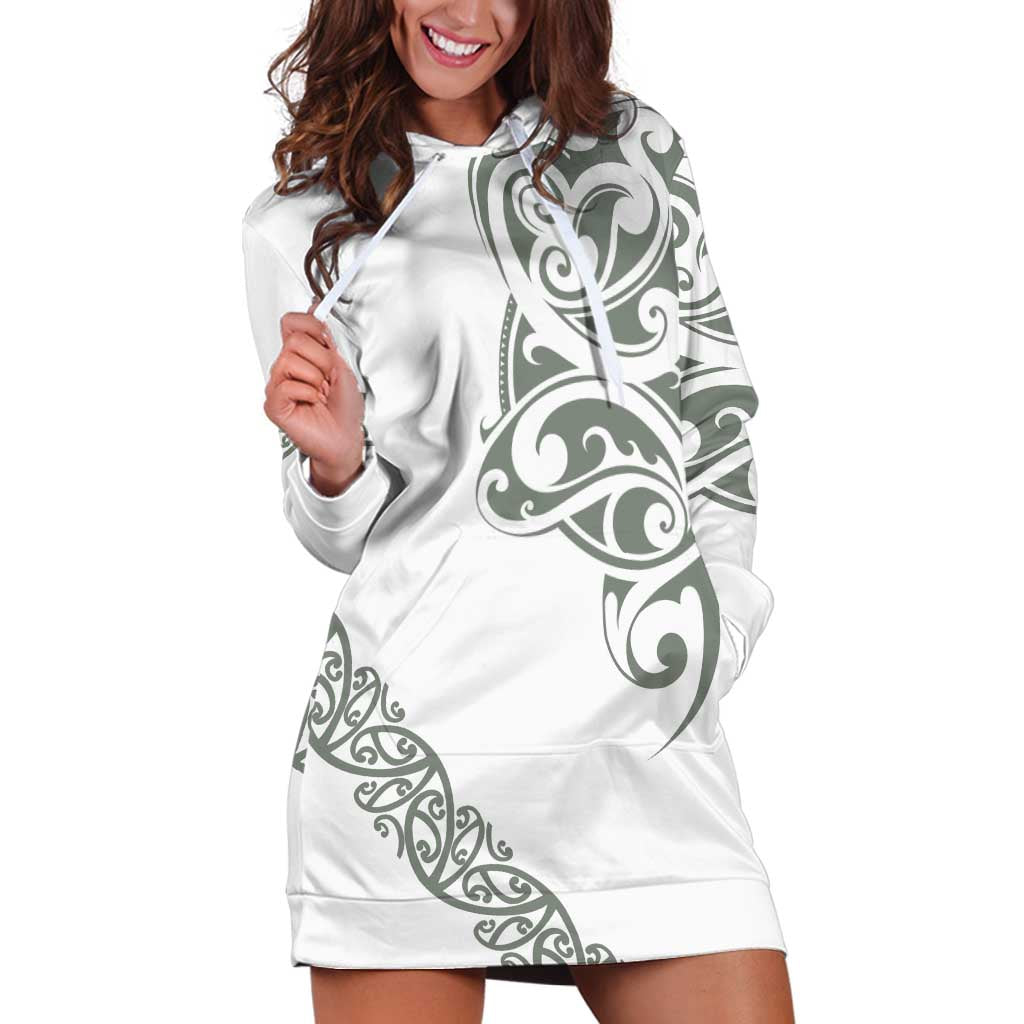 All White Maori Tribal Tattoo Personalised Hoodie Dress Moss Green Polynesian Style - Polynesian Pride