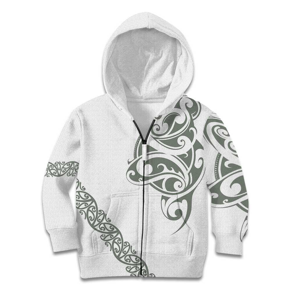 All White Maori Tribal Tattoo Personalised Kid Hoodie Moss Green Polynesian Style - Polynesian Pride
