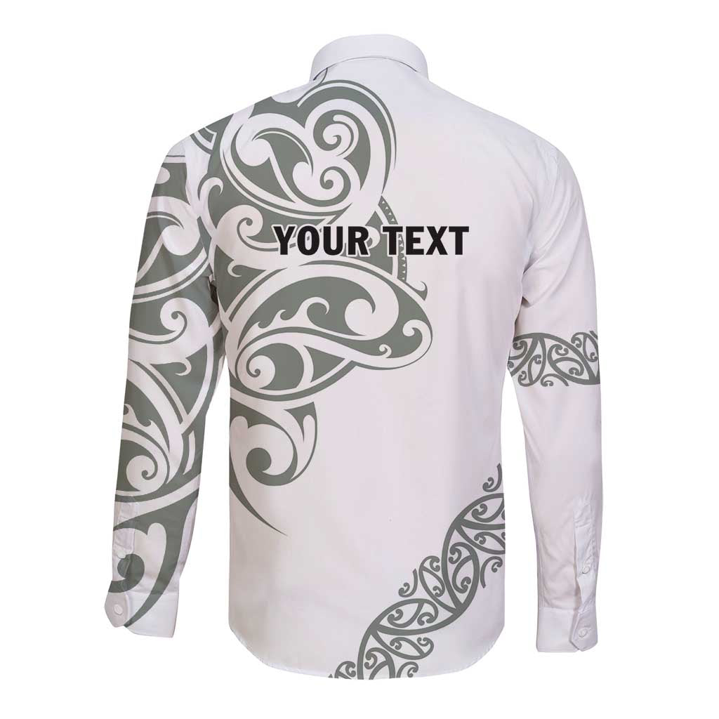 All White Maori Tribal Tattoo Personalised Long Sleeve Button Shirt Moss Green Polynesian Style - Polynesian Pride
