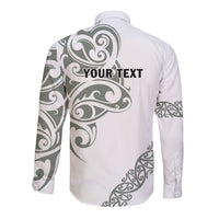 All White Maori Tribal Tattoo Personalised Long Sleeve Button Shirt Moss Green Polynesian Style - Polynesian Pride