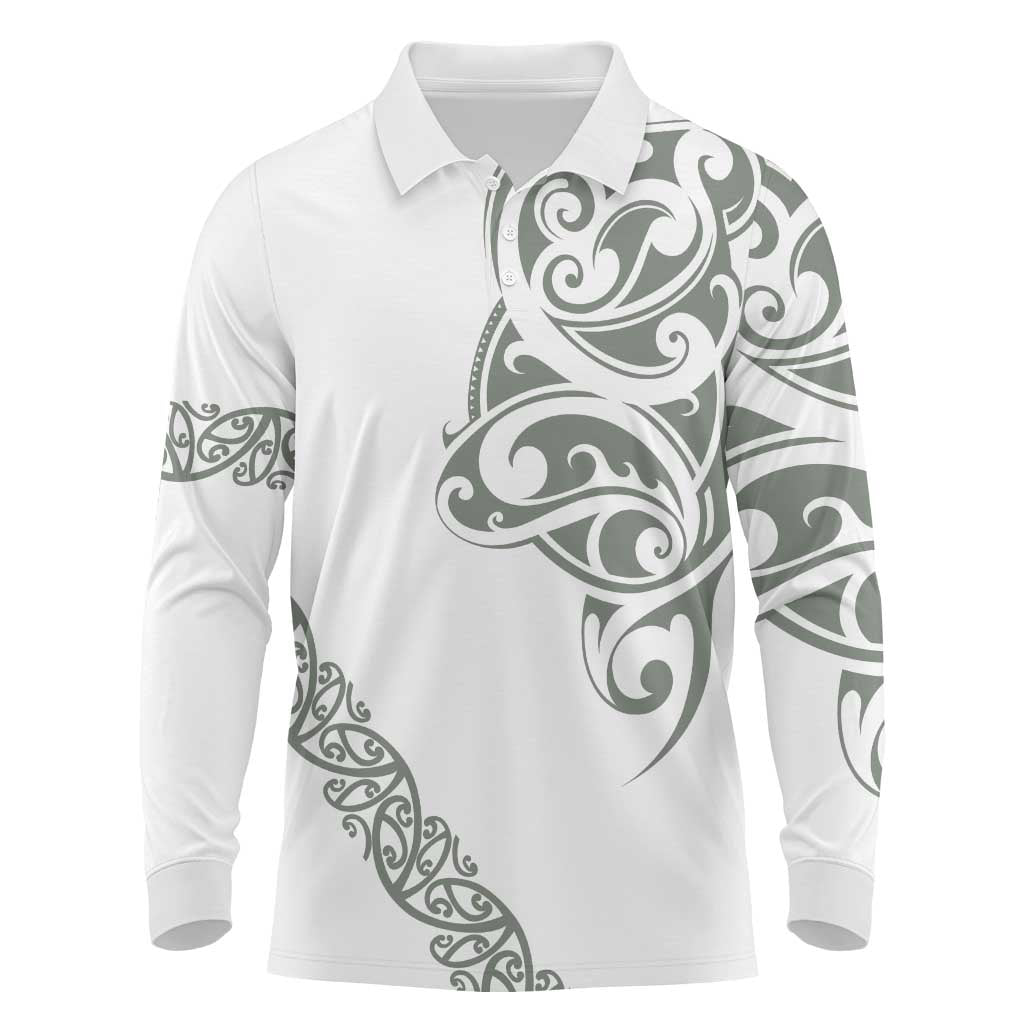 All White Maori Tribal Tattoo Personalised Long Sleeve Polo Shirt Moss Green Polynesian Style - Polynesian Pride