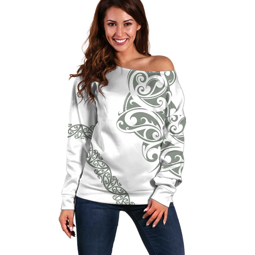 All White Maori Tribal Tattoo Personalised Off Shoulder Sweater Moss Green Polynesian Style - Polynesian Pride