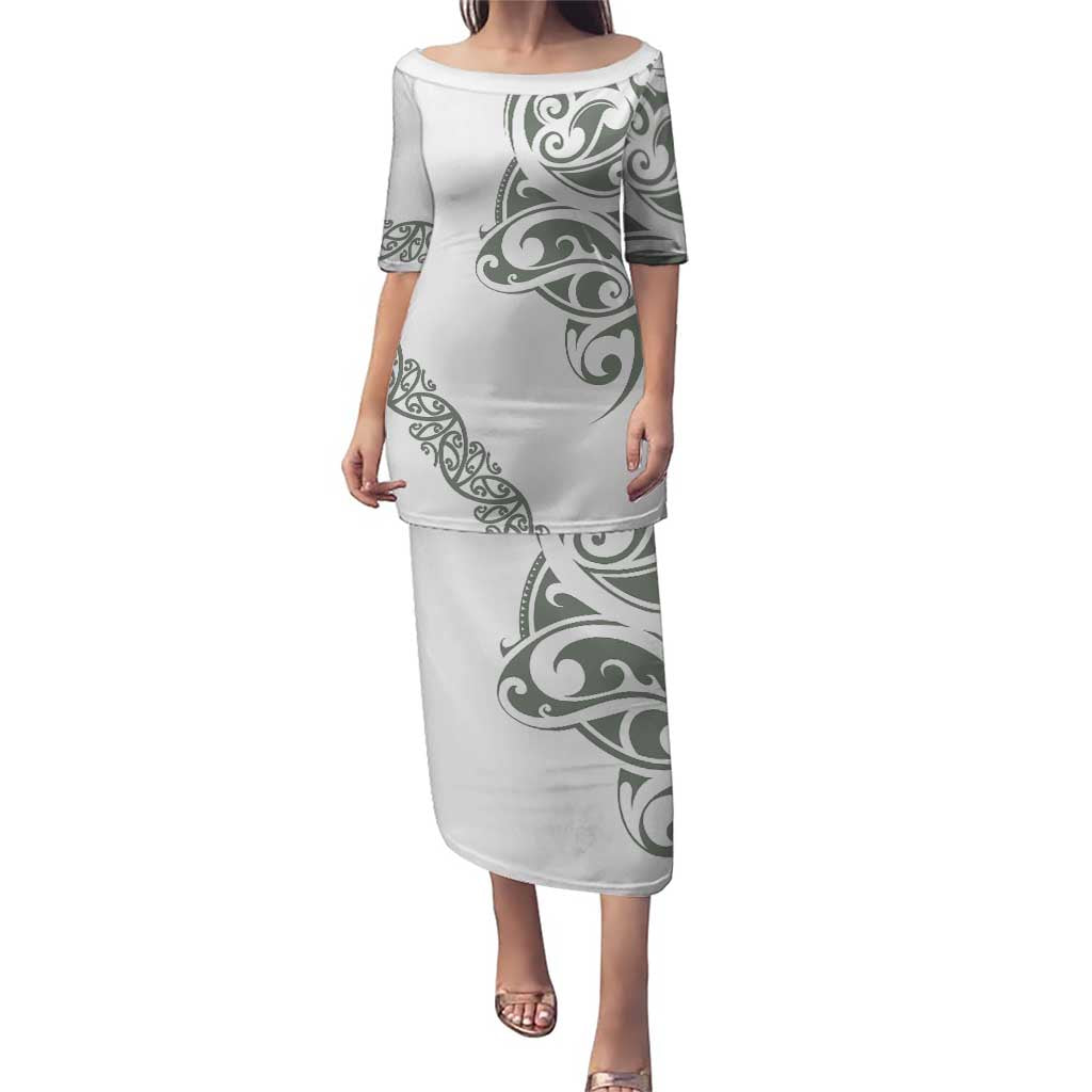 All White Maori Tribal Tattoo Personalised Puletasi Moss Green Polynesian Style - Polynesian Pride