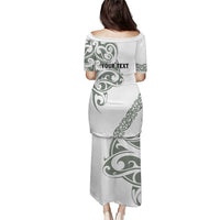 All White Maori Tribal Tattoo Personalised Puletasi Moss Green Polynesian Style - Polynesian Pride