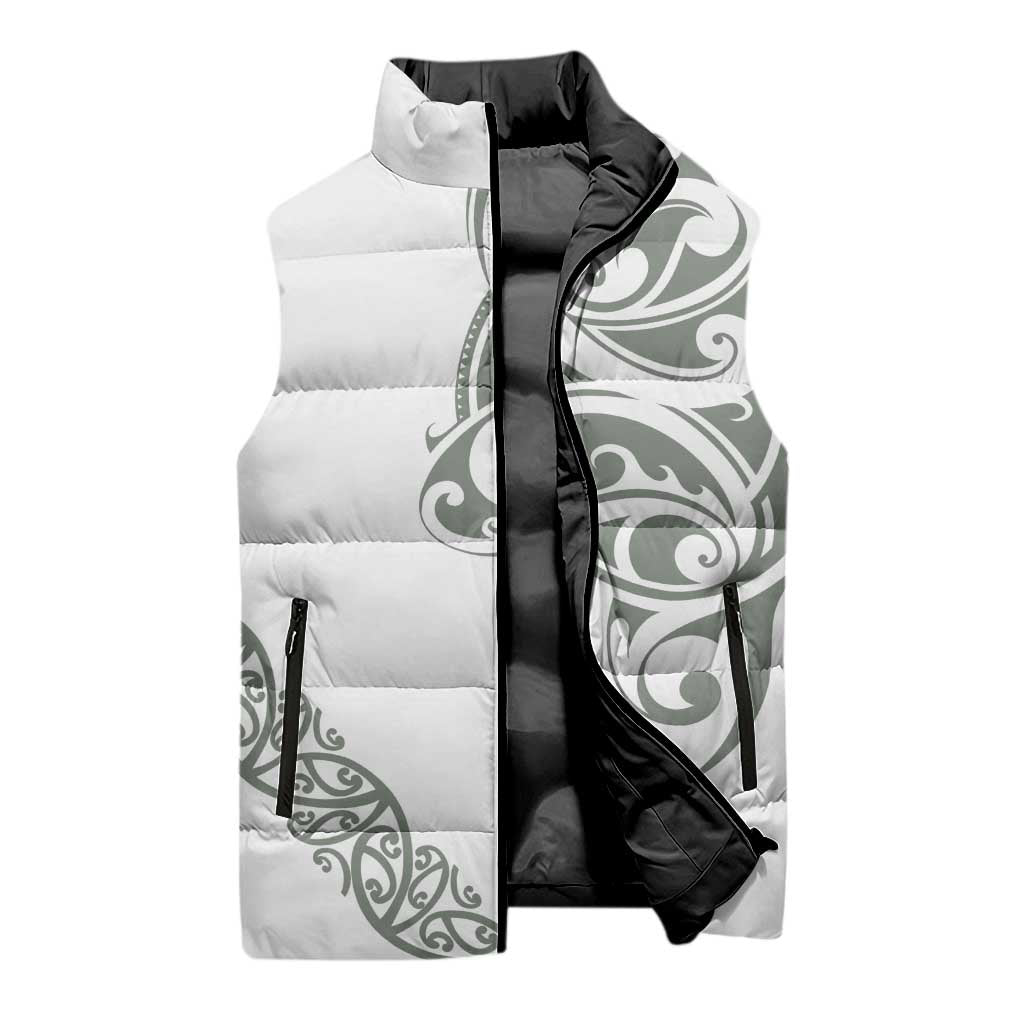 All White Maori Tribal Tattoo Personalised Sleeveless Puffer Jacket Moss Green Polynesian Style - Polynesian Pride
