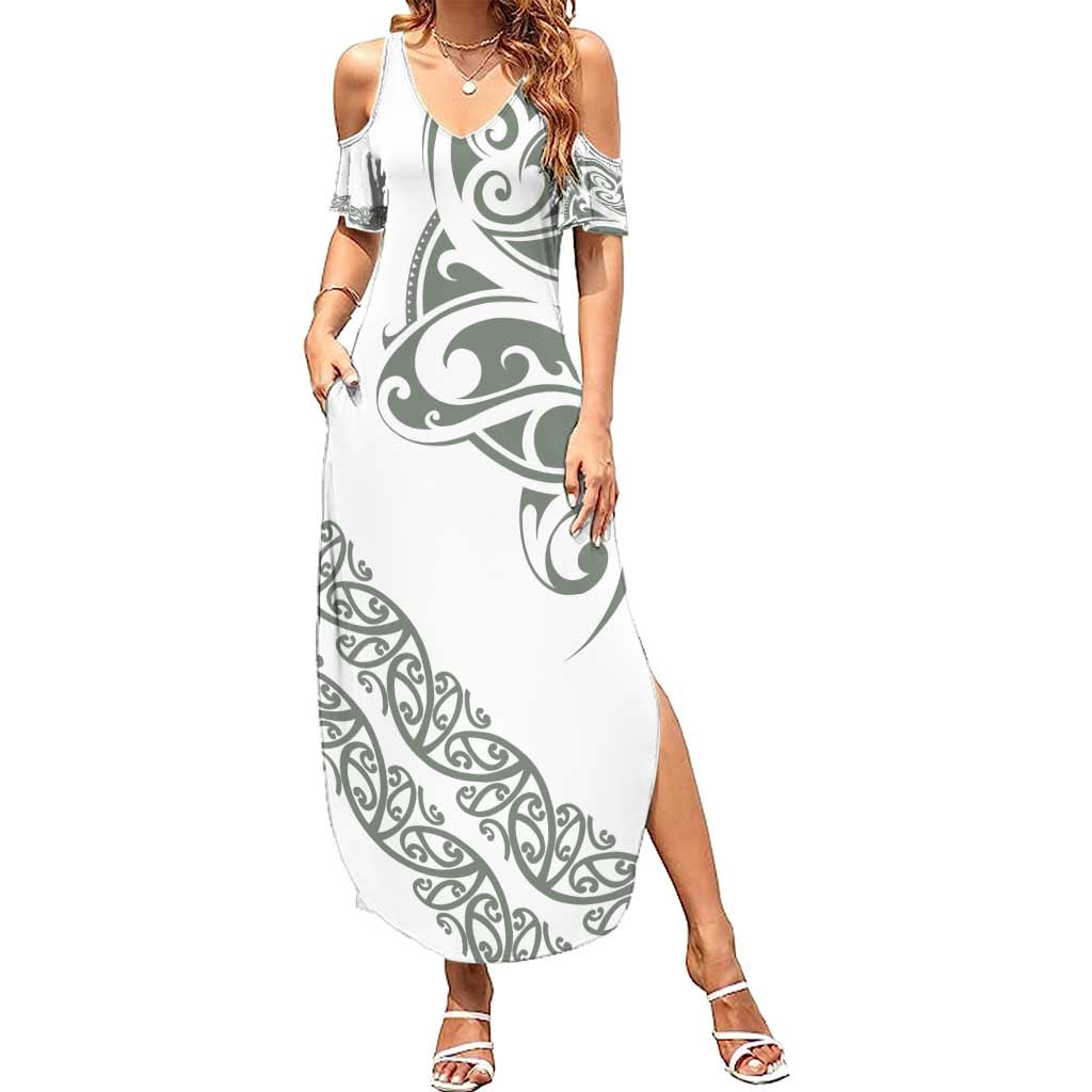 All White Maori Tribal Tattoo Personalised Summer Maxi Dress Moss Green Polynesian Style - Polynesian Pride