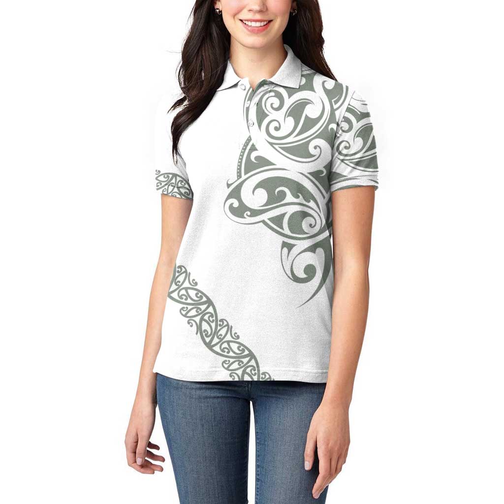 All White Maori Tribal Tattoo Personalised Women Polo Shirt Moss Green Polynesian Style - Polynesian Pride