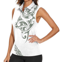 All White Maori Tribal Tattoo Personalised Women Sleeveless Polo Shirt Moss Green Polynesian Style - Polynesian Pride
