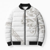 All White Maori Tribal Tattoo Personalised Bomber Puffer Jacket Stone Gray Polynesian Style - Polynesian Pride