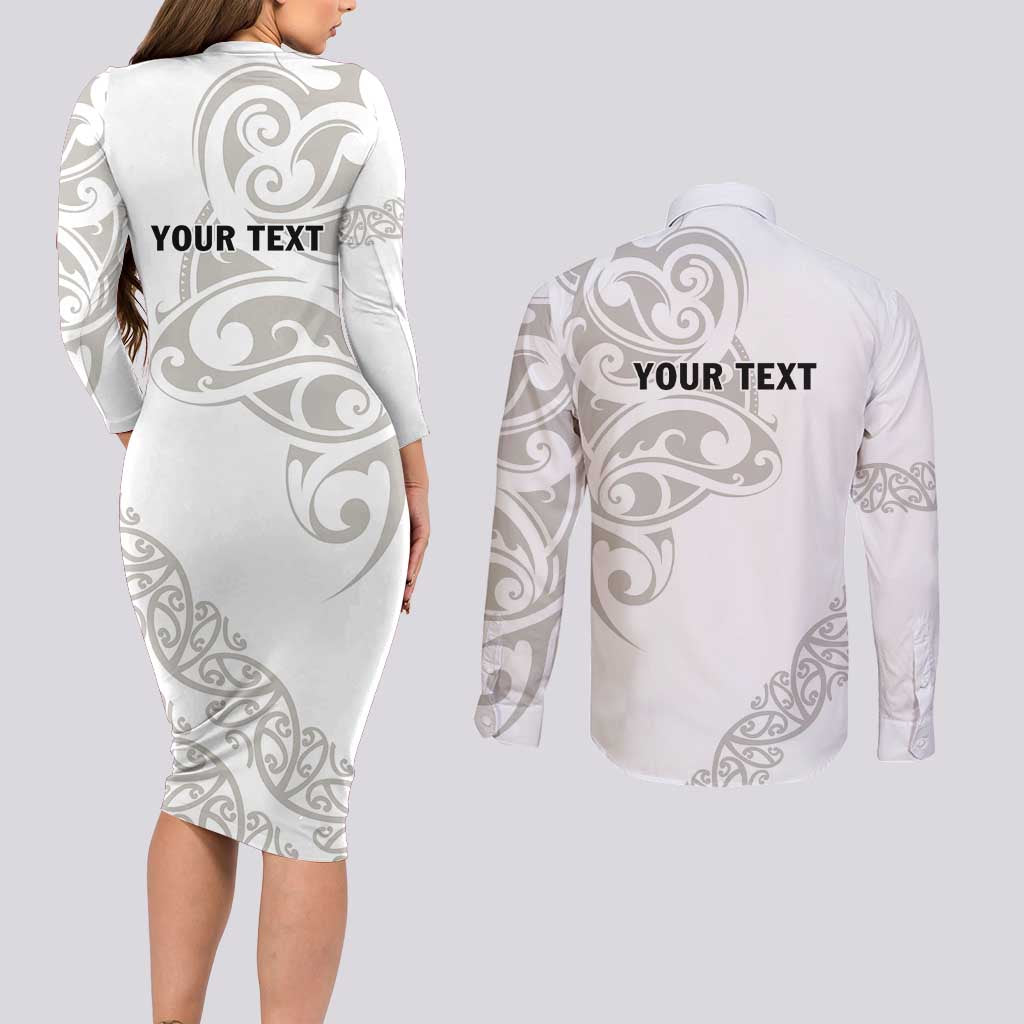 All White Maori Tribal Tattoo Personalised Couples Matching Long Sleeve Bodycon Dress and Long Sleeve Button Shirt Stone Gray Polynesian Style - Polynesian Pride