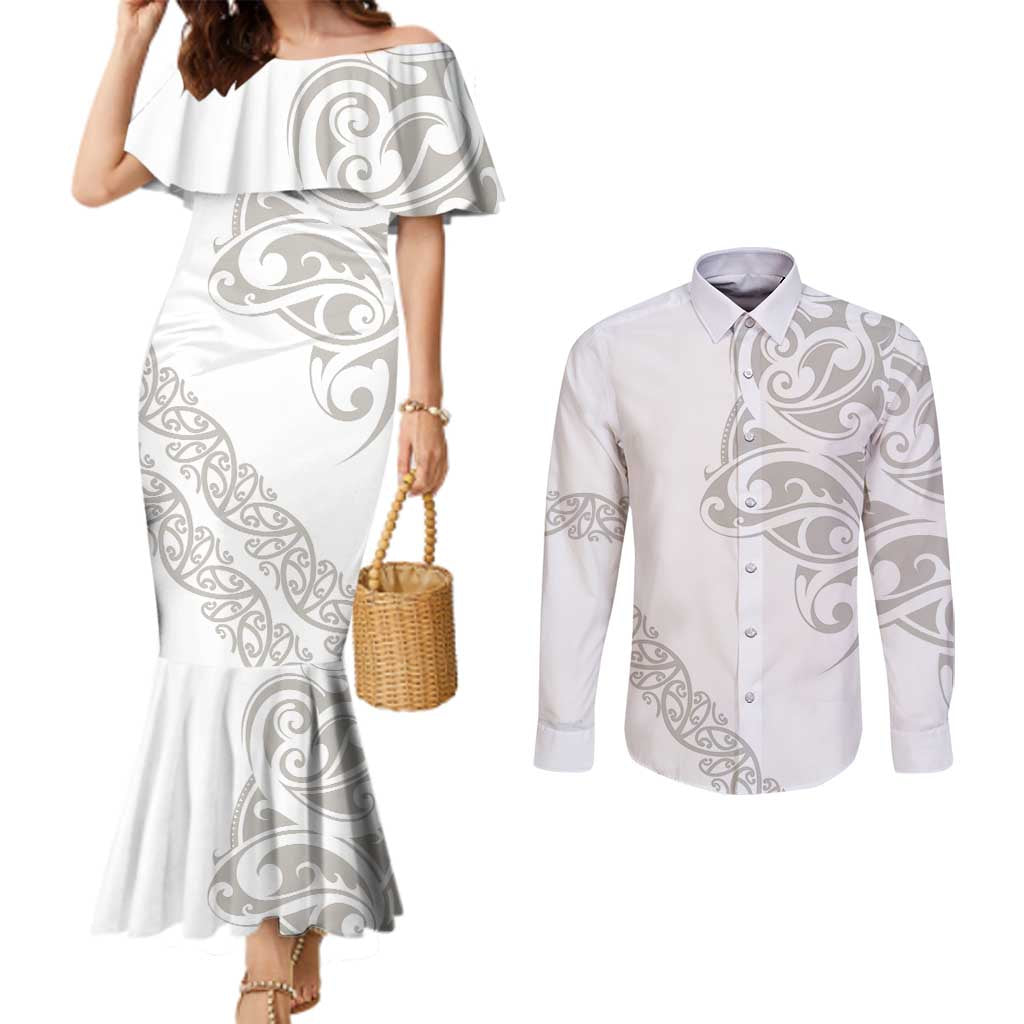 All White Maori Tribal Tattoo Personalised Couples Matching Mermaid Dress and Long Sleeve Button Shirt Stone Gray Polynesian Style - Polynesian Pride