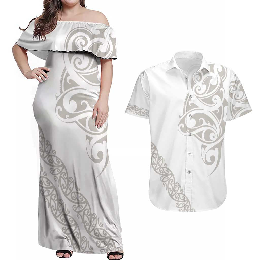 All White Maori Tribal Tattoo Personalised Couples Matching Off Shoulder Maxi Dress and Hawaiian Shirt Stone Gray Polynesian Style - Polynesian Pride