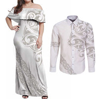 All White Maori Tribal Tattoo Personalised Couples Matching Off Shoulder Maxi Dress and Long Sleeve Button Shirt Stone Gray Polynesian Style - Polynesian Pride