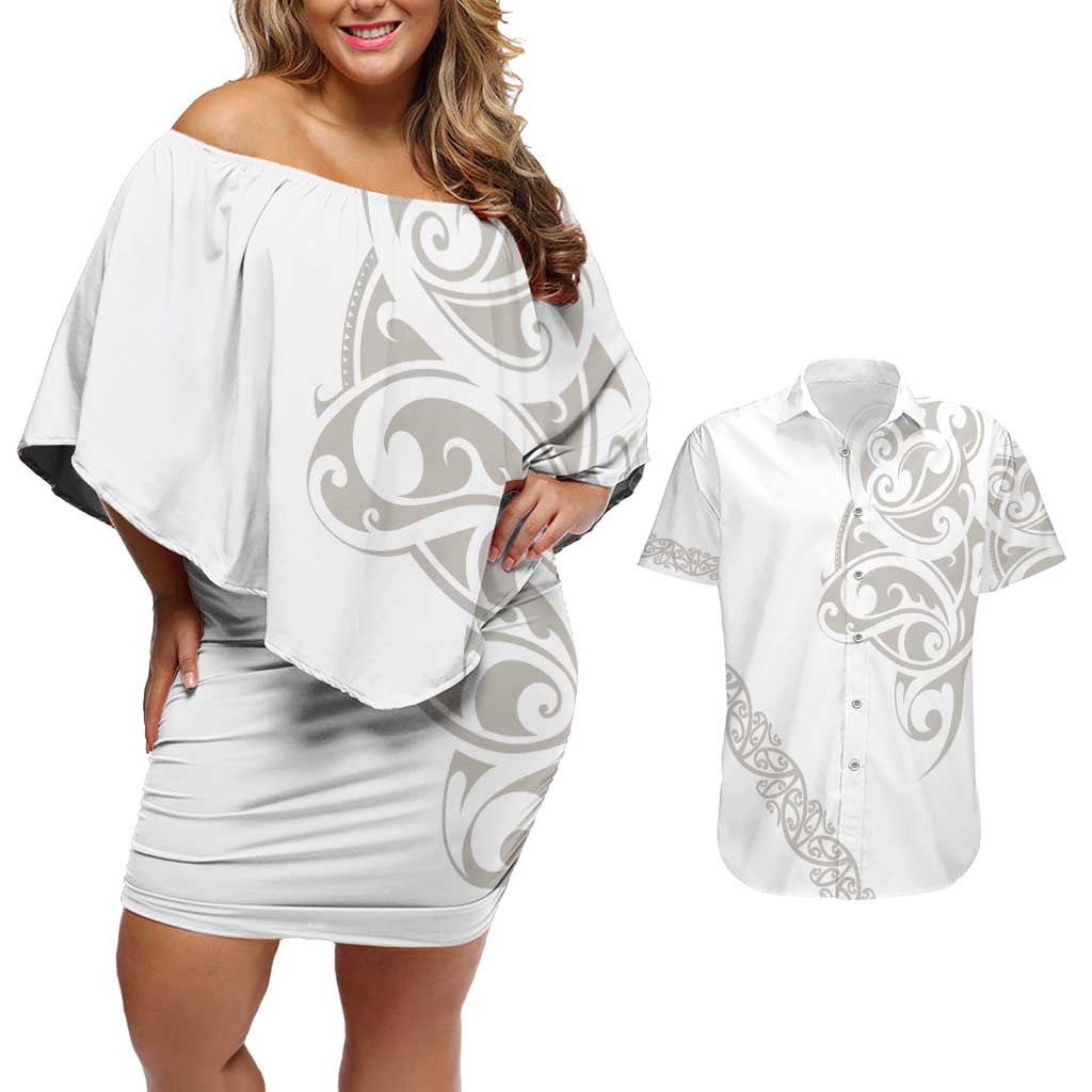 All White Maori Tribal Tattoo Personalised Couples Matching Off Shoulder Short Dress and Hawaiian Shirt Stone Gray Polynesian Style - Polynesian Pride