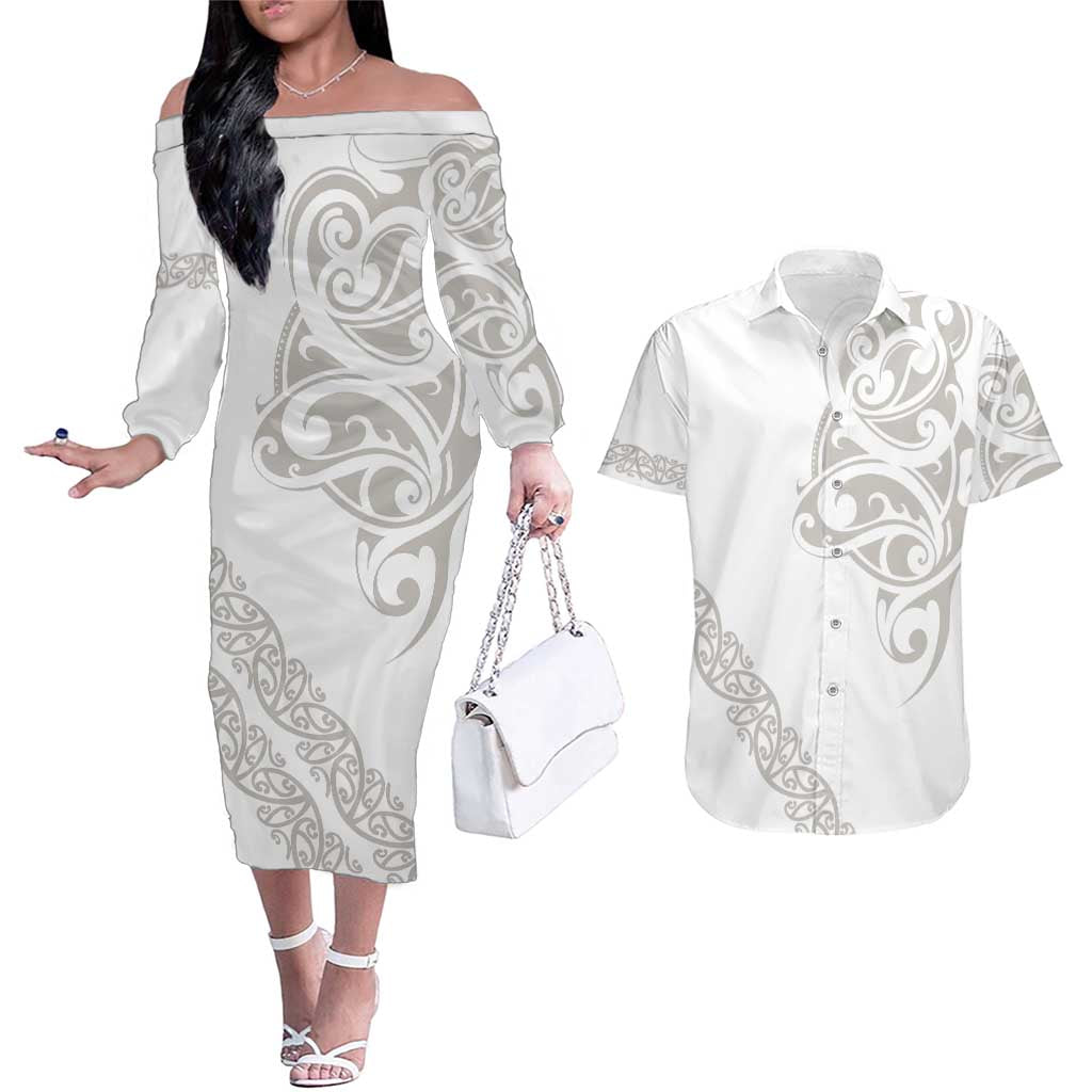 All White Maori Tribal Tattoo Personalised Couples Matching Off The Shoulder Long Sleeve Dress and Hawaiian Shirt Stone Gray Polynesian Style - Polynesian Pride