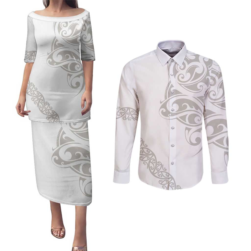 All White Maori Tribal Tattoo Personalised Couples Matching Puletasi and Long Sleeve Button Shirt Stone Gray Polynesian Style - Polynesian Pride
