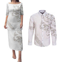 All White Maori Tribal Tattoo Personalised Couples Matching Puletasi and Long Sleeve Button Shirt Stone Gray Polynesian Style - Polynesian Pride