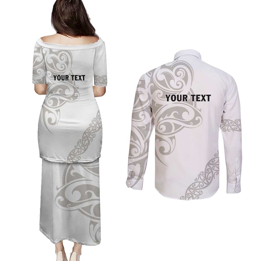 All White Maori Tribal Tattoo Personalised Couples Matching Puletasi and Long Sleeve Button Shirt Stone Gray Polynesian Style - Polynesian Pride