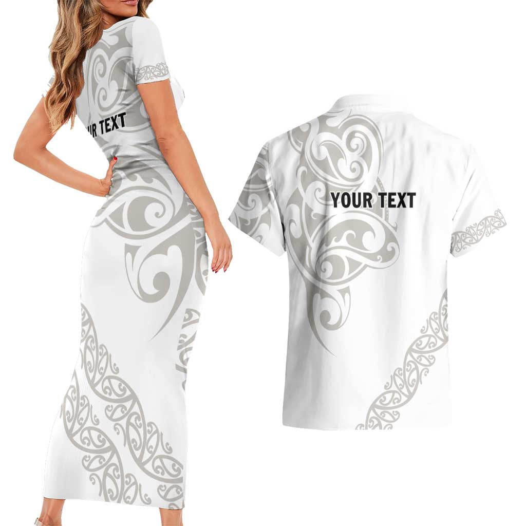 All White Maori Tribal Tattoo Personalised Couples Matching Short Sleeve Bodycon Dress and Hawaiian Shirt Stone Gray Polynesian Style - Polynesian Pride