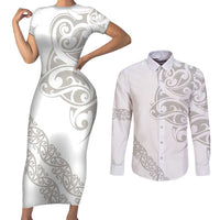 All White Maori Tribal Tattoo Personalised Couples Matching Short Sleeve Bodycon Dress and Long Sleeve Button Shirt Stone Gray Polynesian Style - Polynesian Pride