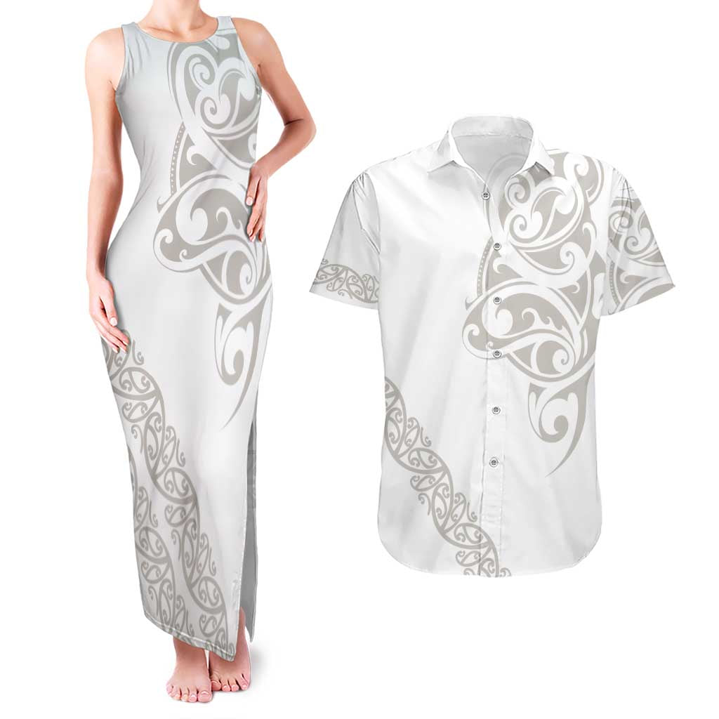All White Maori Tribal Tattoo Personalised Couples Matching Tank Maxi Dress and Hawaiian Shirt Stone Gray Polynesian Style - Polynesian Pride