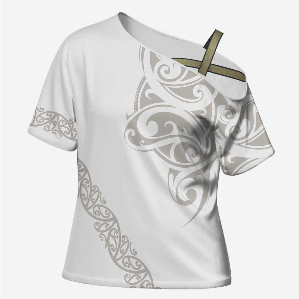 All White Maori Tribal Tattoo Personalised Cross Shoulder Shirt Stone Gray Polynesian Style - Polynesian Pride