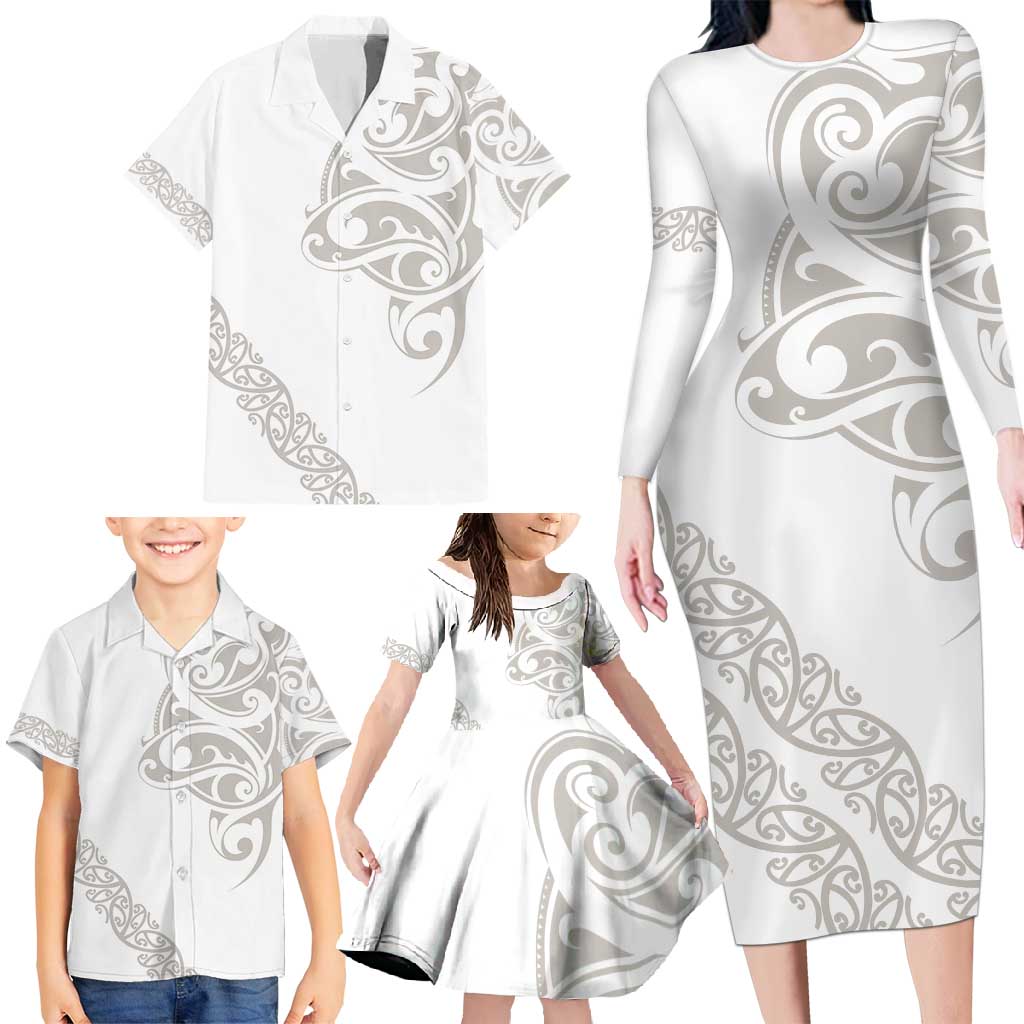 All White Maori Tribal Tattoo Personalised Family Matching Long Sleeve Bodycon Dress and Hawaiian Shirt Stone Gray Polynesian Style - Polynesian Pride