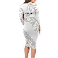 All White Maori Tribal Tattoo Personalised Family Matching Long Sleeve Bodycon Dress and Hawaiian Shirt Stone Gray Polynesian Style - Polynesian Pride