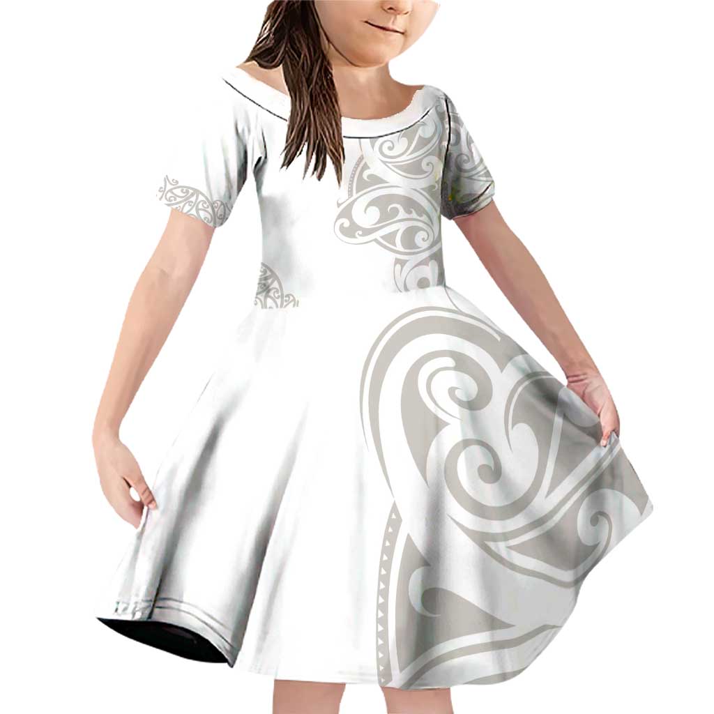 All White Maori Tribal Tattoo Personalised Family Matching Off Shoulder Short Dress and Hawaiian Shirt Stone Gray Polynesian Style - Polynesian Pride