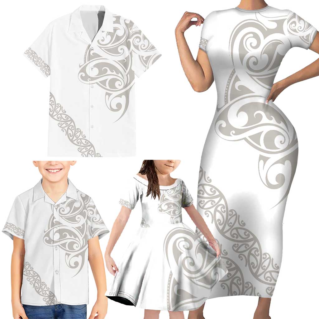 All White Maori Tribal Tattoo Personalised Family Matching Short Sleeve Bodycon Dress and Hawaiian Shirt Stone Gray Polynesian Style - Polynesian Pride