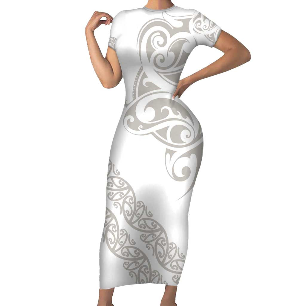 All White Maori Tribal Tattoo Personalised Family Matching Short Sleeve Bodycon Dress and Hawaiian Shirt Stone Gray Polynesian Style - Polynesian Pride