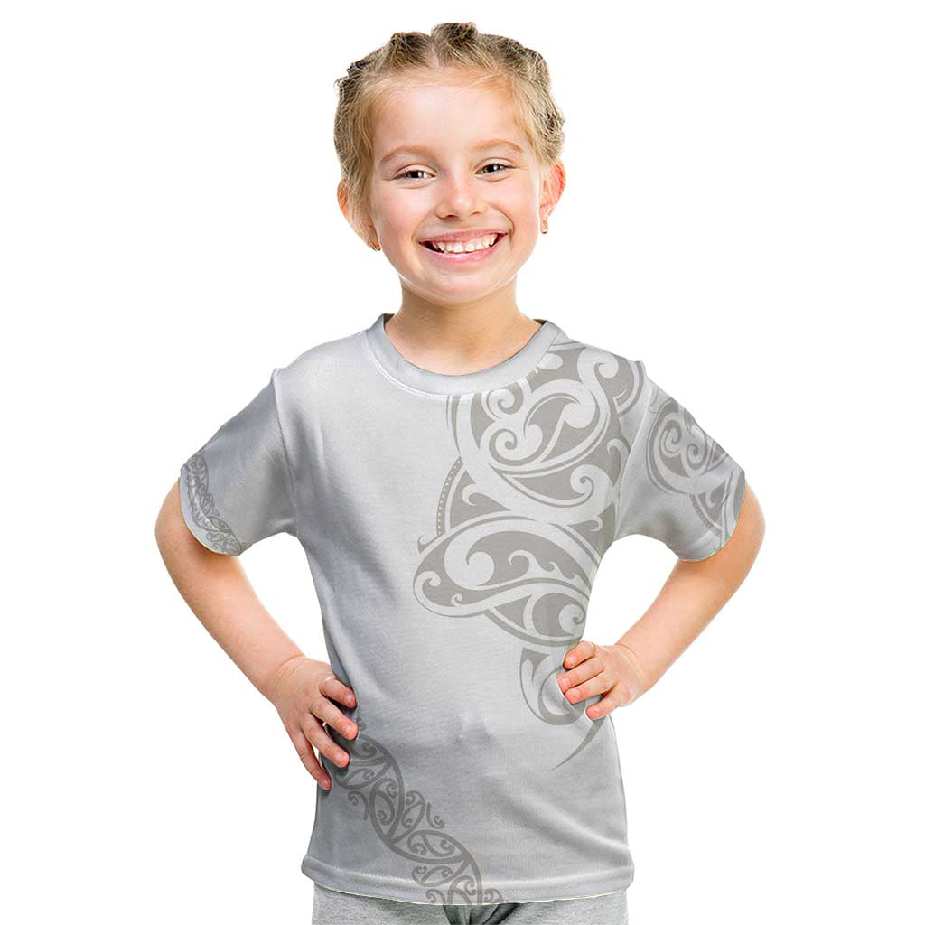 All White Maori Tribal Tattoo Personalised Kid T Shirt Stone Gray Polynesian Style - Polynesian Pride
