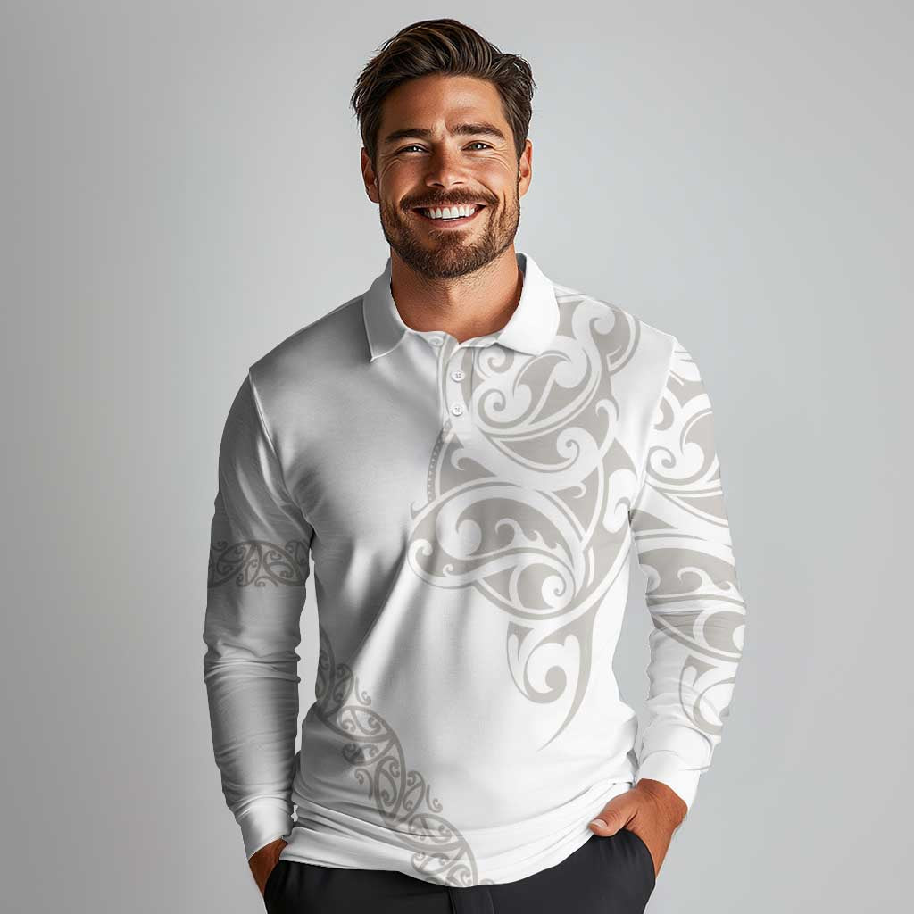 All White Maori Tribal Tattoo Personalised Long Sleeve Polo Shirt Stone Gray Polynesian Style - Polynesian Pride
