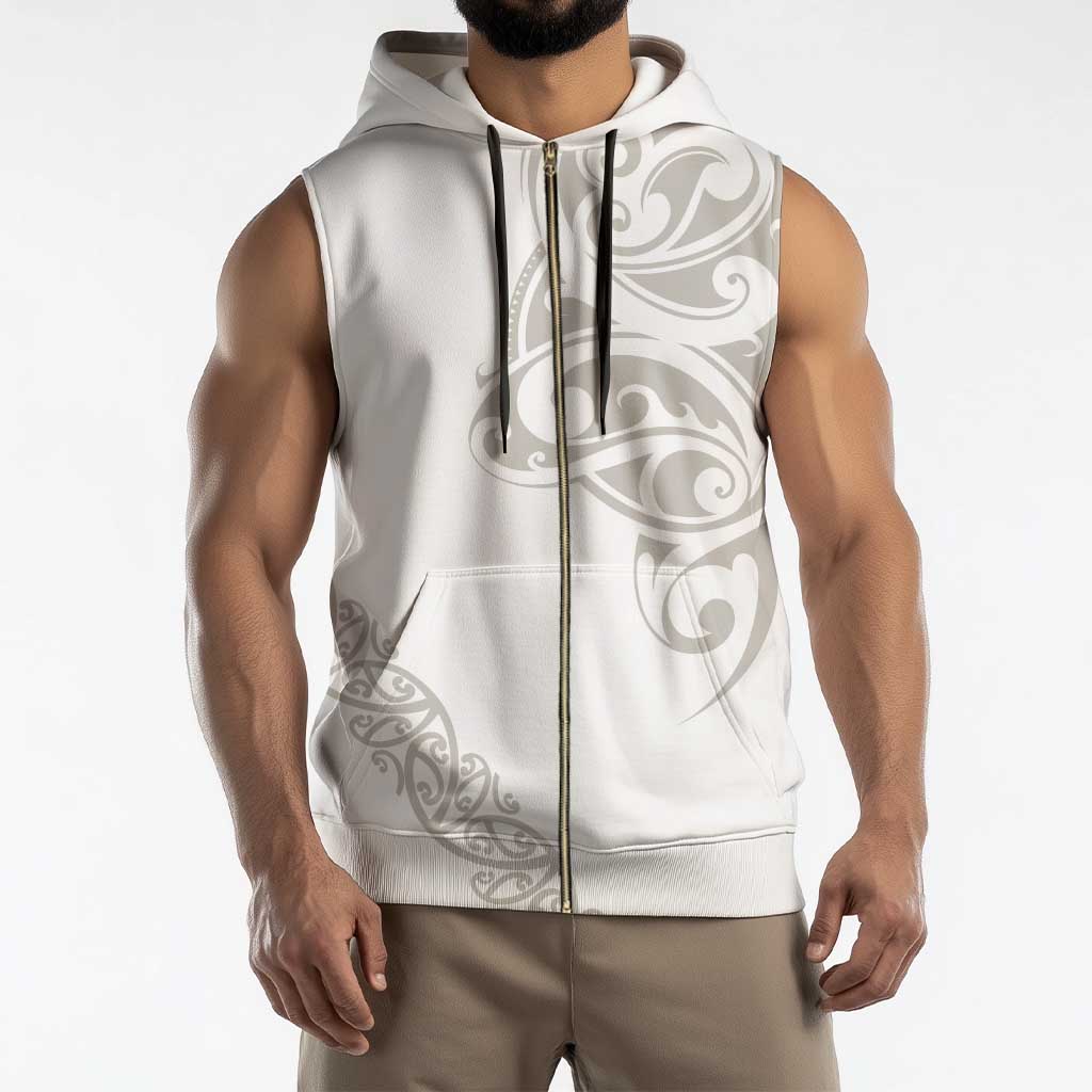 All White Maori Tribal Tattoo Personalised Sleeveless Zip Hoodie Stone Gray Polynesian Style - Polynesian Pride