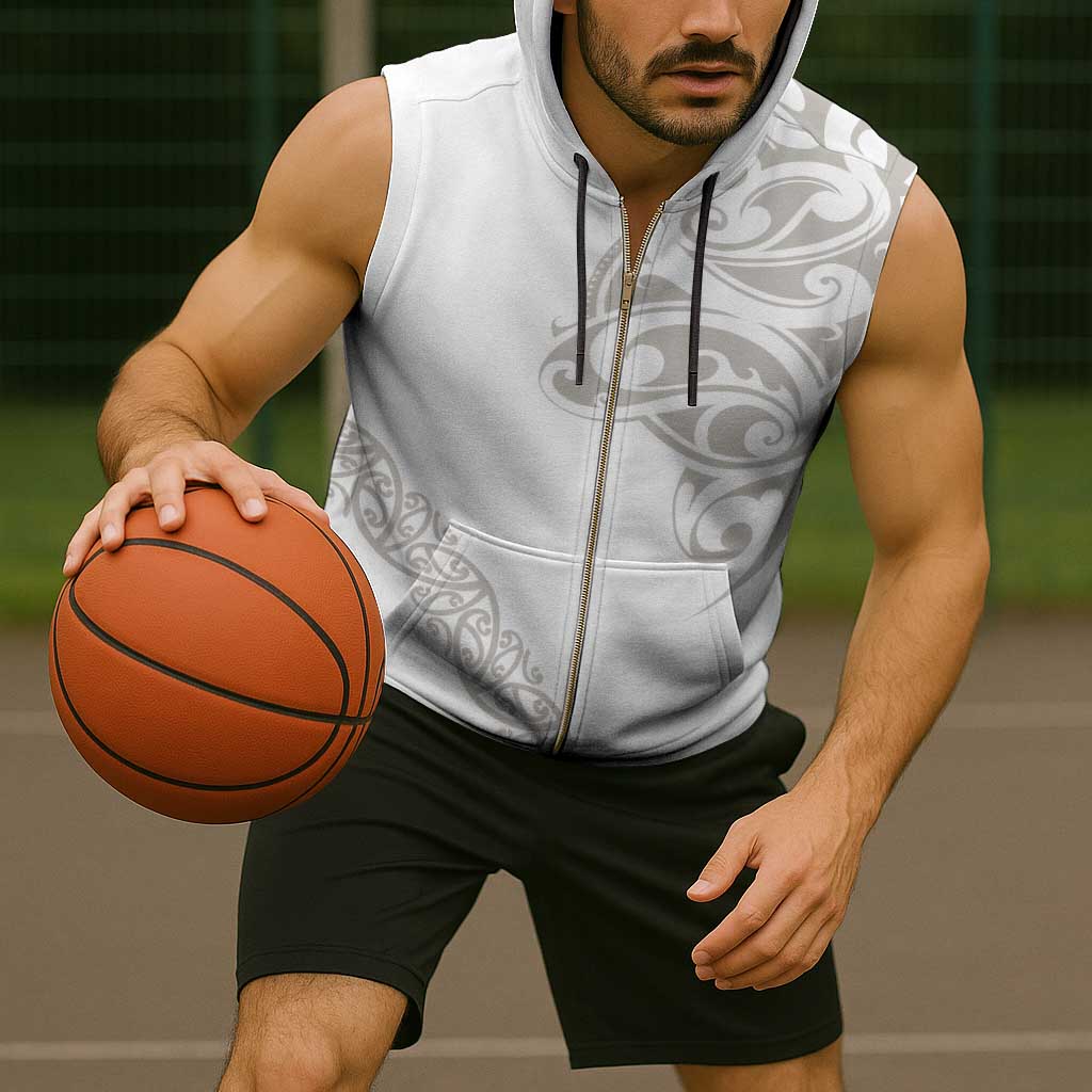 All White Maori Tribal Tattoo Personalised Sleeveless Zip Hoodie Stone Gray Polynesian Style - Polynesian Pride
