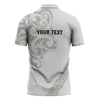 All White Maori Tribal Tattoo Personalised Zipper Polo Shirt Stone Gray Polynesian Style - Polynesian Pride