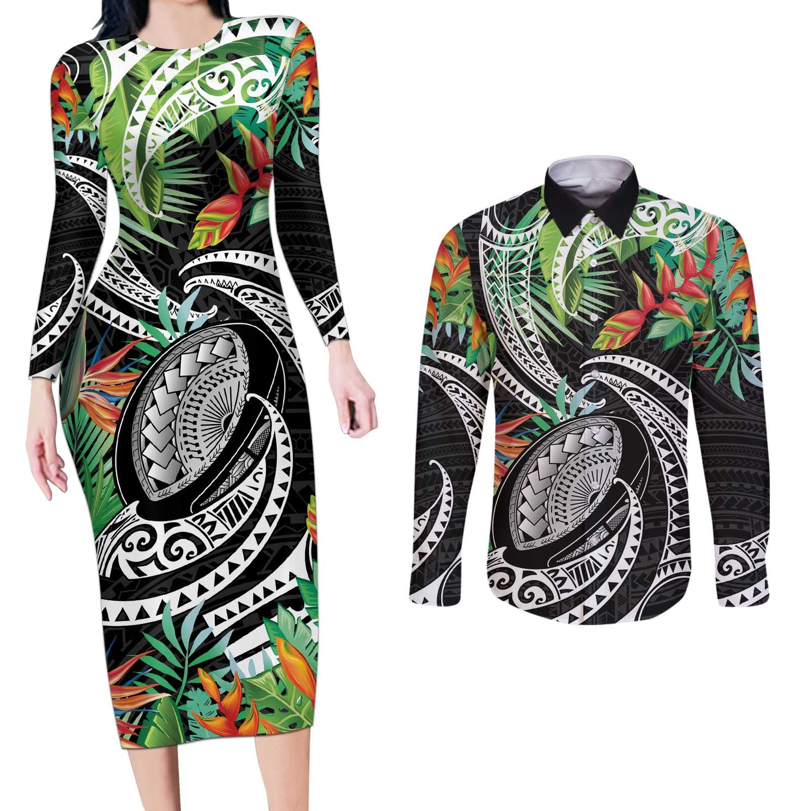 Polynesian Pacific Rugby Tribal Couples Matching Long Sleeve Bodycon Dress and Long Sleeve Button Shirt Tropical Vibe